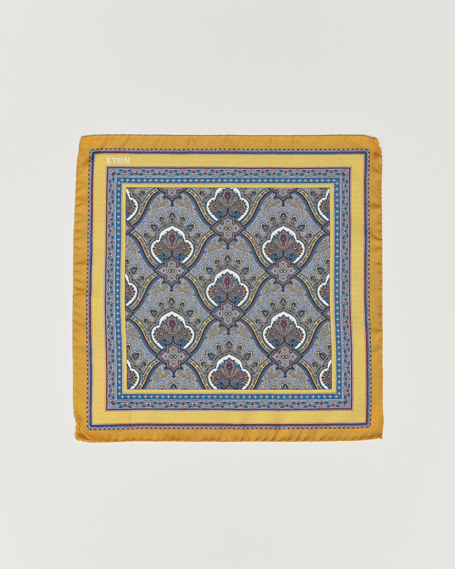Heren | Eton Silk Paisley Print Pocket Square Yellow | Eton | Silk Paisley Print Pocket Square Yellow