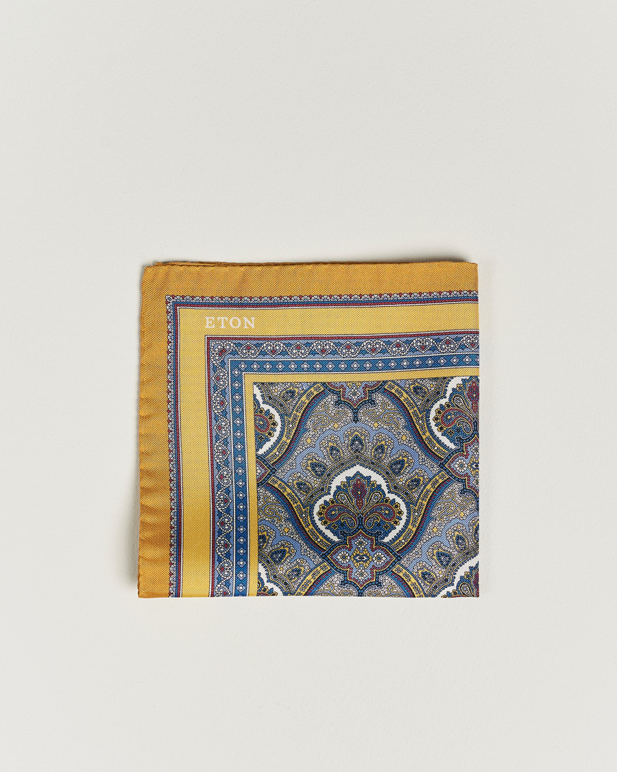 Heren | Eton Silk Paisley Print Pocket Square Yellow | Eton | Silk Paisley Print Pocket Square Yellow