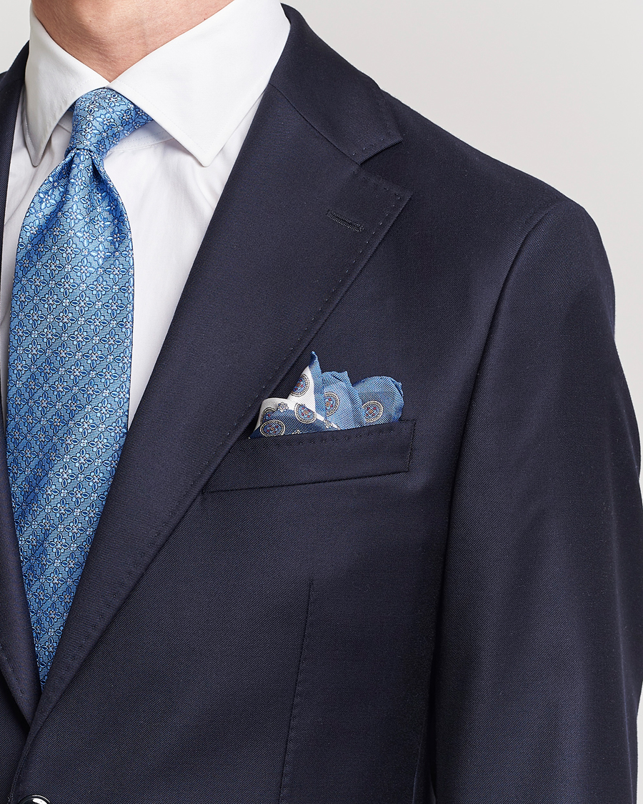 Heren | Eton Silk Four Faced Medallion Pocket Square Blue Multi | Eton | Silk Four Faced Medallion Pocket Square Blue Multi