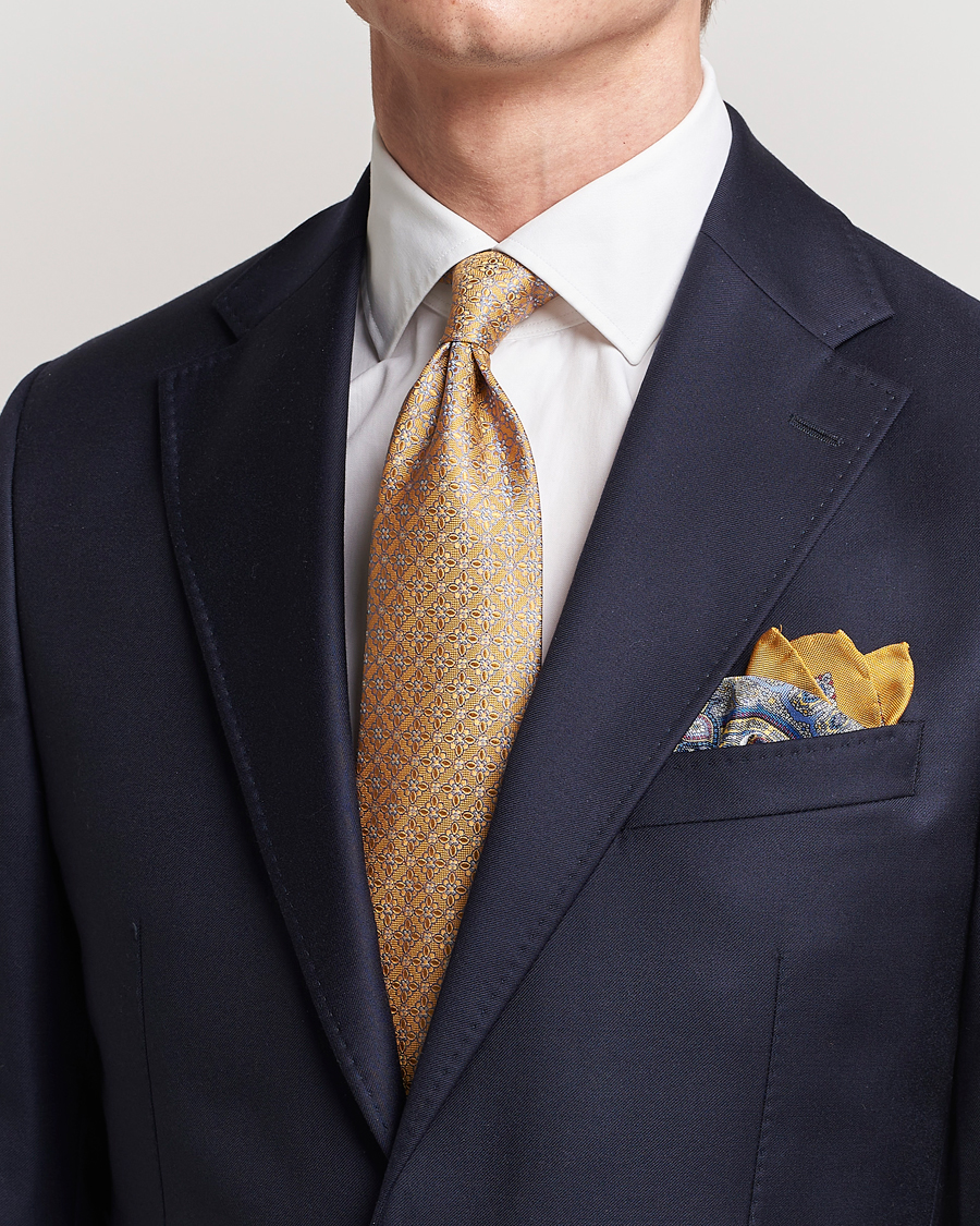 Heren | Eton Silk Printed Flower Tie Yellow | Eton | Silk Printed Flower Tie Yellow