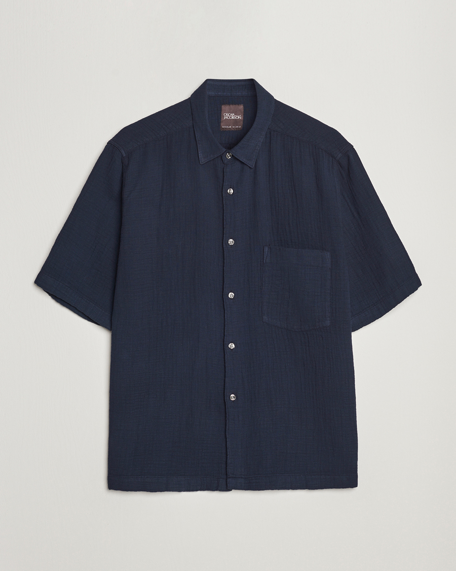 Heren | Overhemden | Oscar Jacobson | Short Sleeve City Crepe Cotton Shirt Navy