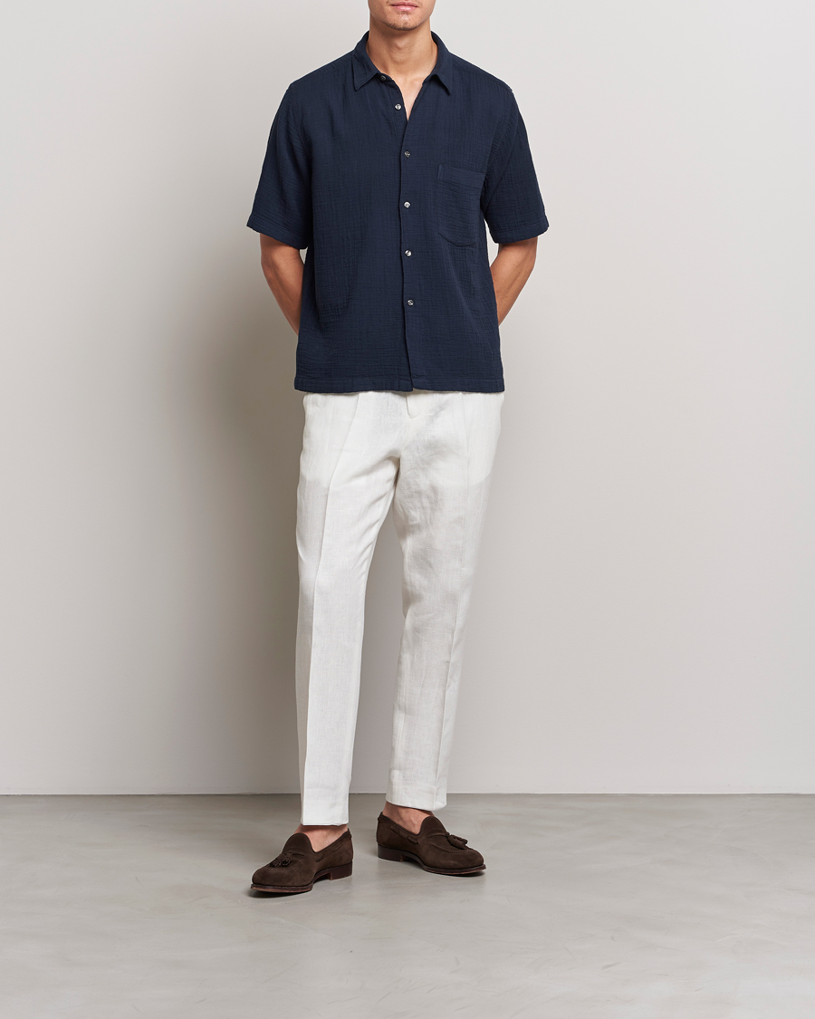 Heren | Overhemden | Oscar Jacobson | Short Sleeve City Crepe Cotton Shirt Navy