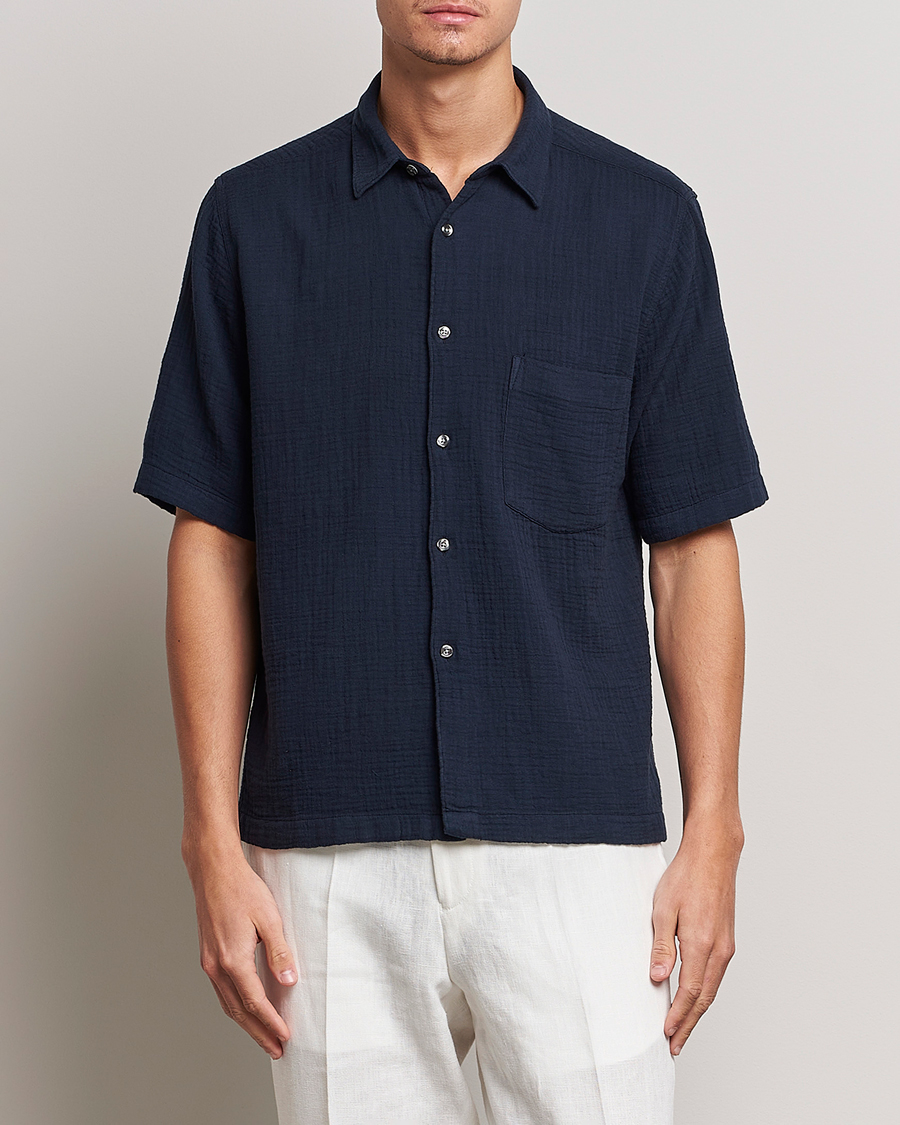 Heren |  | Oscar Jacobson | Short Sleeve City Crepe Cotton Shirt Navy