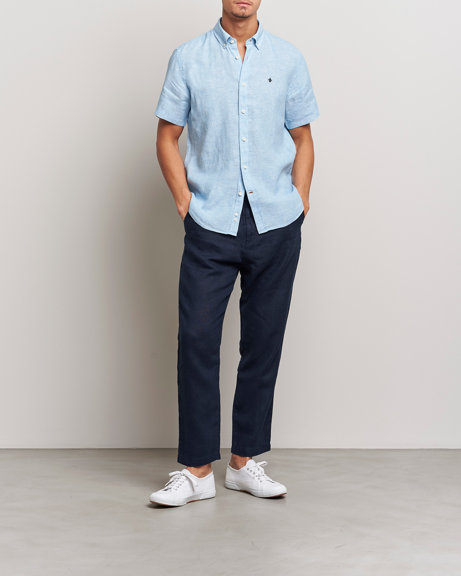 Heren | Overhemden | Morris | Douglas Short Sleeve Linen Shirt Light Blue