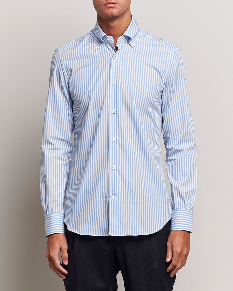 Heren | Overhemden | Mazzarelli | Soft Button Down Striped Shirt Light Blue