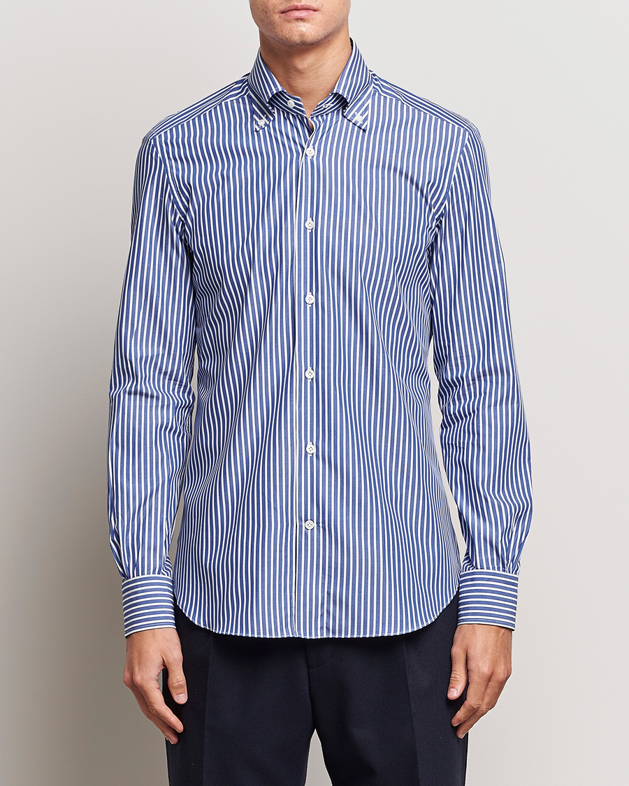 Heren | Mazzarelli | Mazzarelli | Soft Button Down Striped Shirt Dark Blue