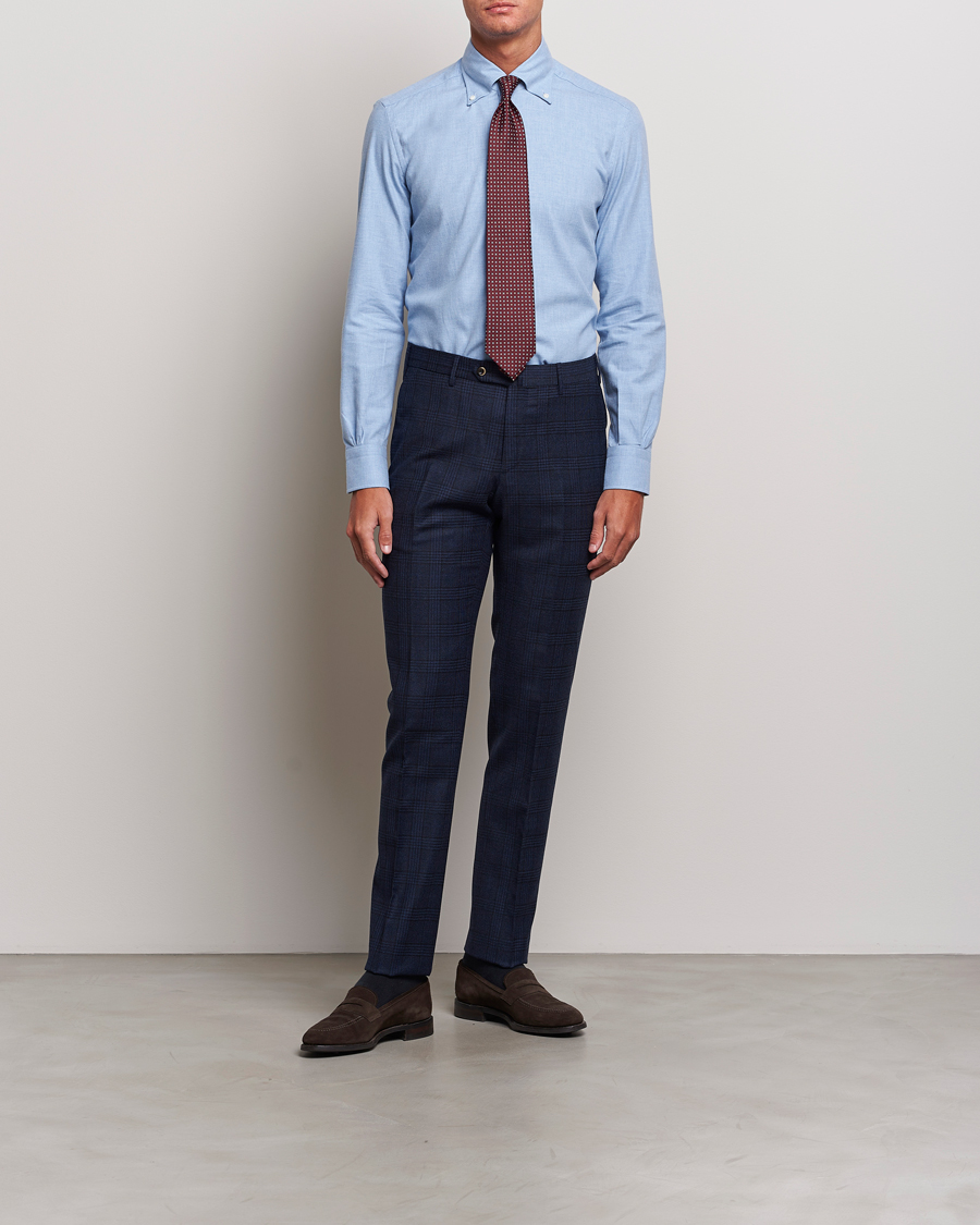 Heren | Overhemden | Mazzarelli | Soft Button Down Flannel Shirt Light Blue