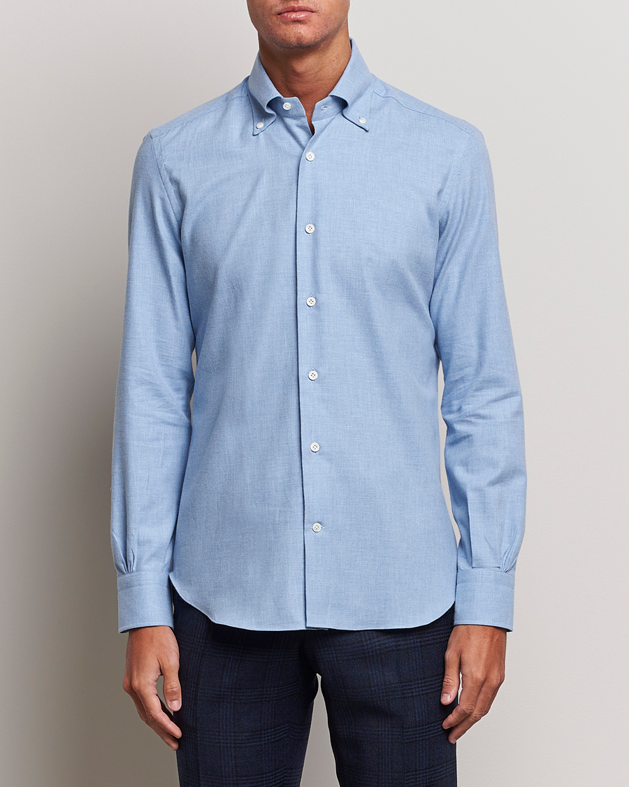 Heren | Overhemden | Mazzarelli | Soft Button Down Flannel Shirt Light Blue