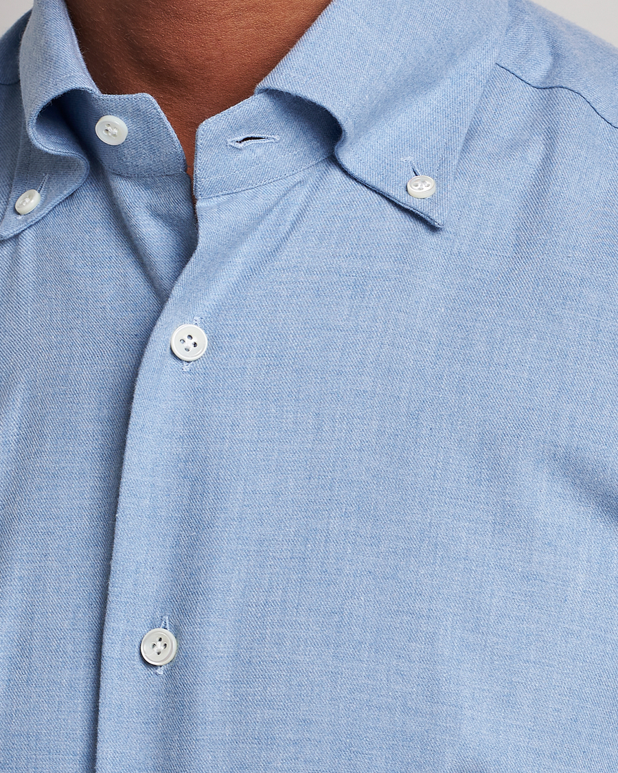 Heren | Overhemden | Mazzarelli | Soft Button Down Flannel Shirt Light Blue