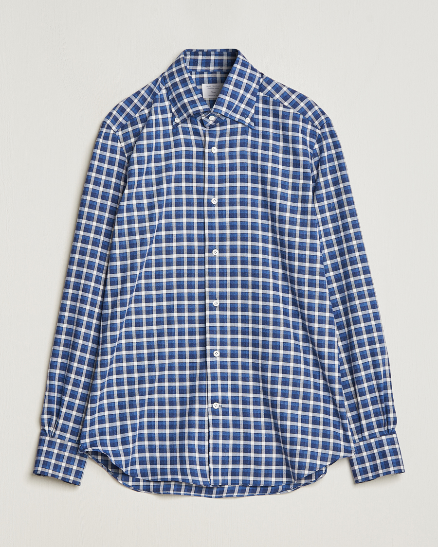Heren | Overhemden | Mazzarelli | Soft Button Down Flannel Shirt Dark Blue