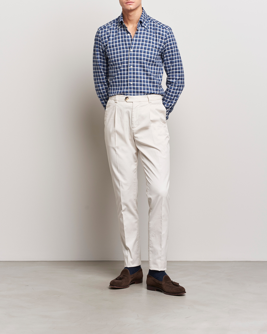 Heren | Overhemden | Mazzarelli | Soft Button Down Flannel Shirt Dark Blue