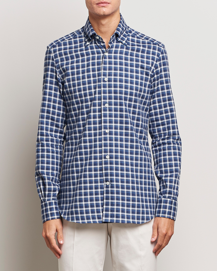 Heren | Overhemden | Mazzarelli | Soft Button Down Flannel Shirt Dark Blue