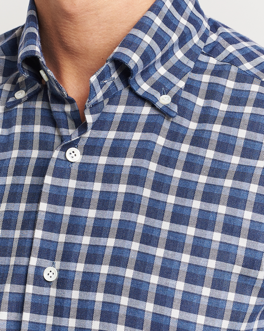 Heren | Overhemden | Mazzarelli | Soft Button Down Flannel Shirt Dark Blue