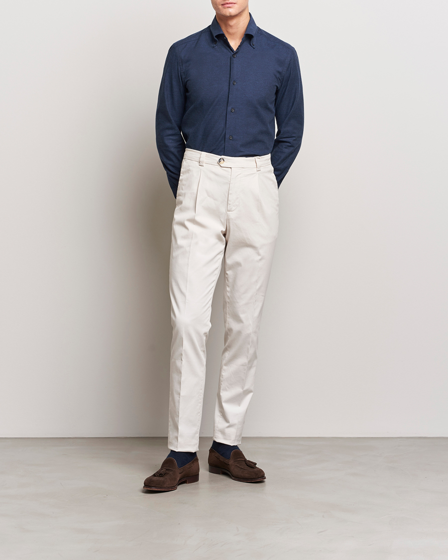 Heren | Overhemden | Mazzarelli | Soft Button Down Flannel Shirt Navy