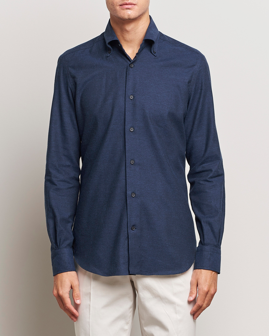 Heren | Overhemden | Mazzarelli | Soft Button Down Flannel Shirt Navy