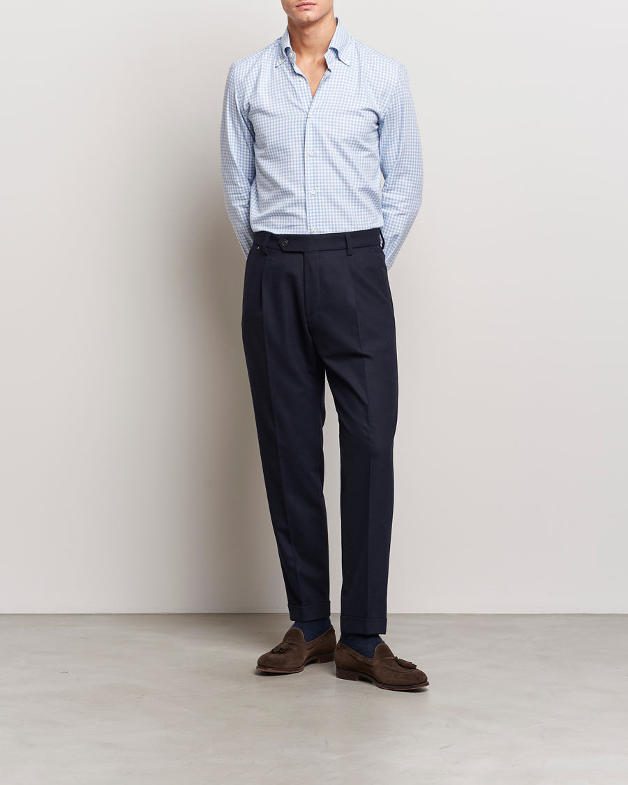 Heren | Overhemden | Mazzarelli | Soft Button Down Flannel Shirt Light Blue