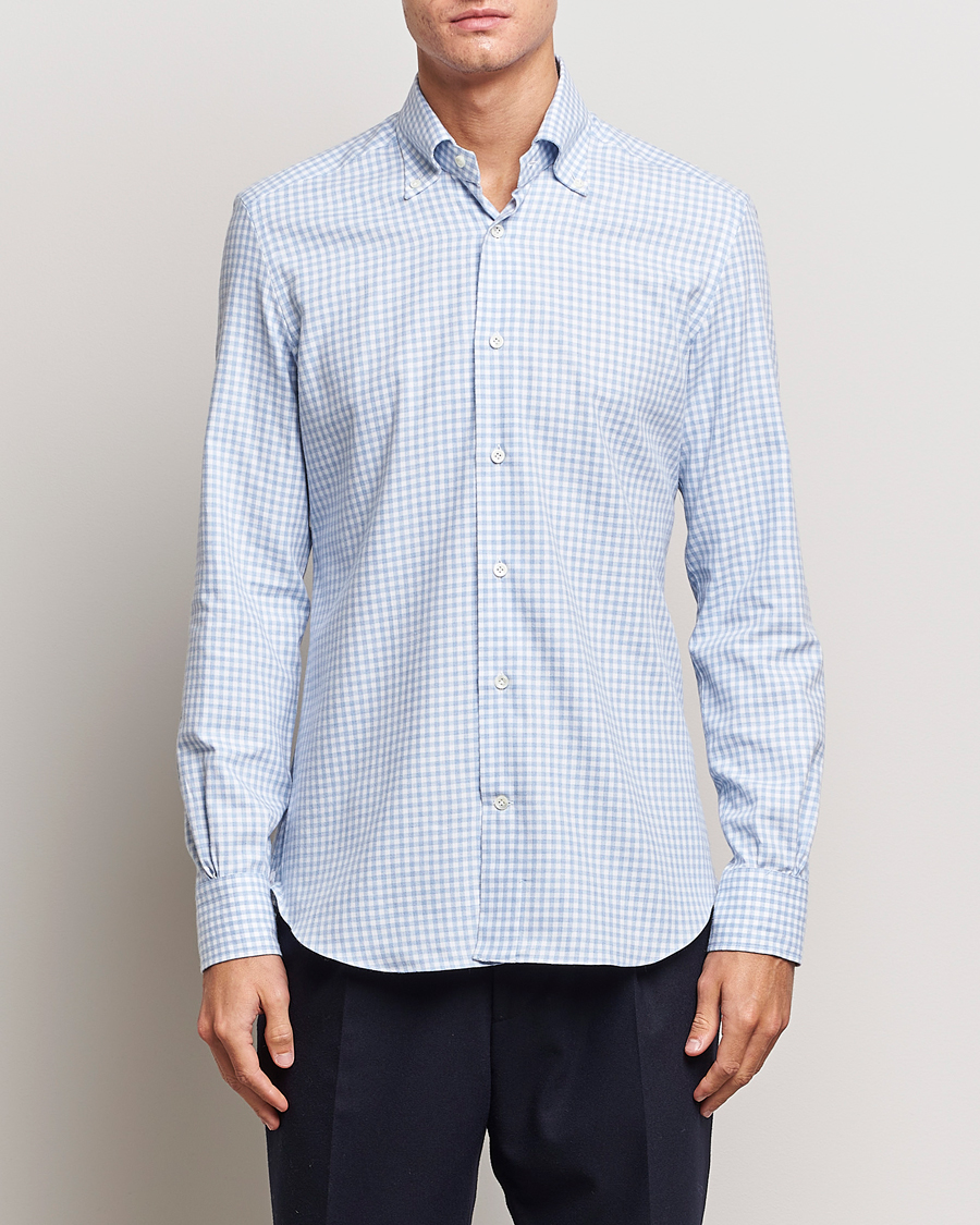 Heren | Overhemden | Mazzarelli | Soft Button Down Flannel Shirt Light Blue
