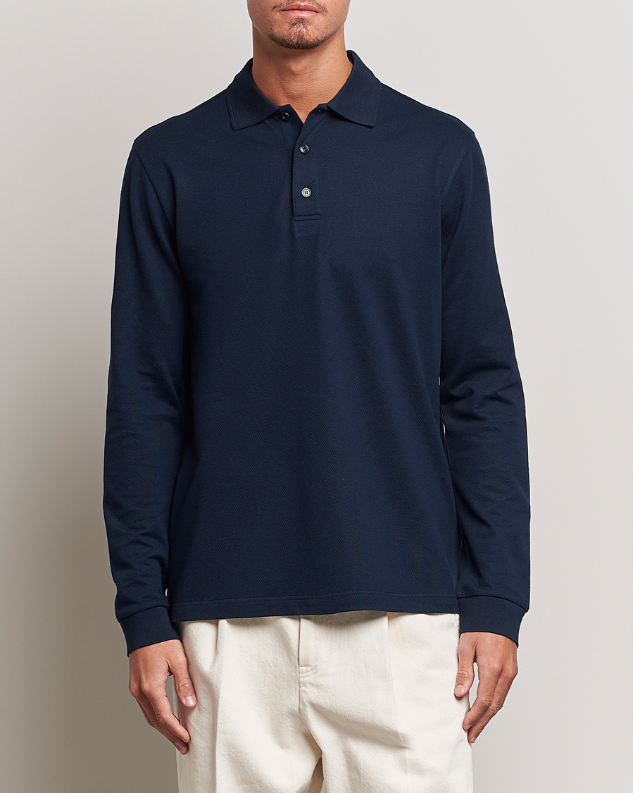 Heren | Polo's | Brioni | Cotton Piquet Long Sleeve Polo Navy