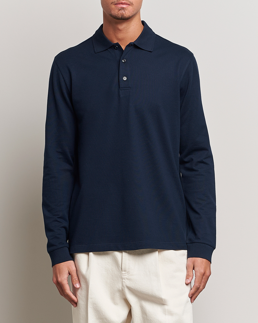Heren | Brioni | Brioni | Cotton Piquet Long Sleeve Polo Navy