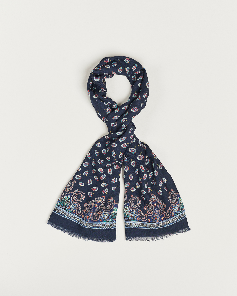 Heren | Etro Printed Wool/Silk Scarf Navy | Etro | Printed Wool/Silk Scarf Navy