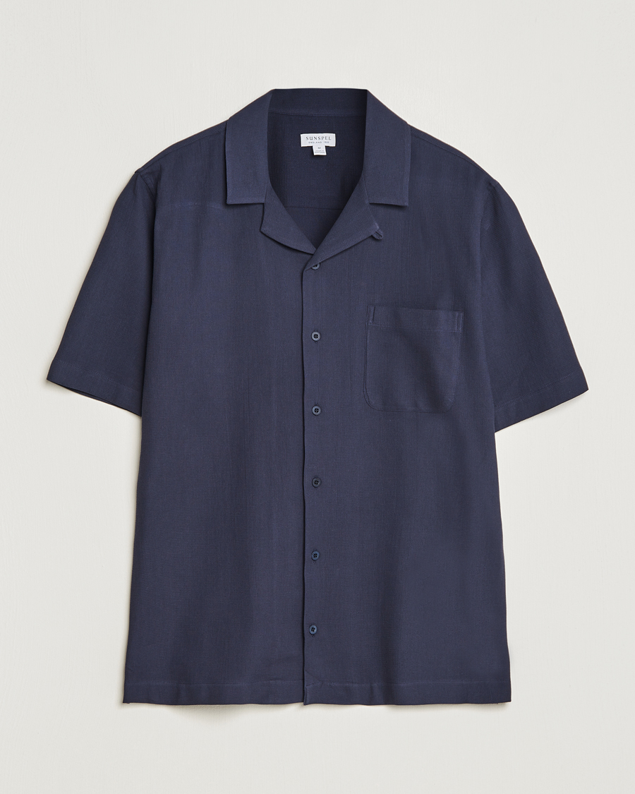 Heren | Overhemden | Sunspel | Waffle Camp Collar Shirt Navy