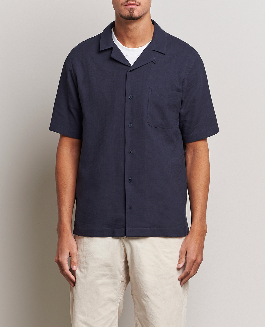 Heren | Overhemden | Sunspel | Waffle Camp Collar Shirt Navy