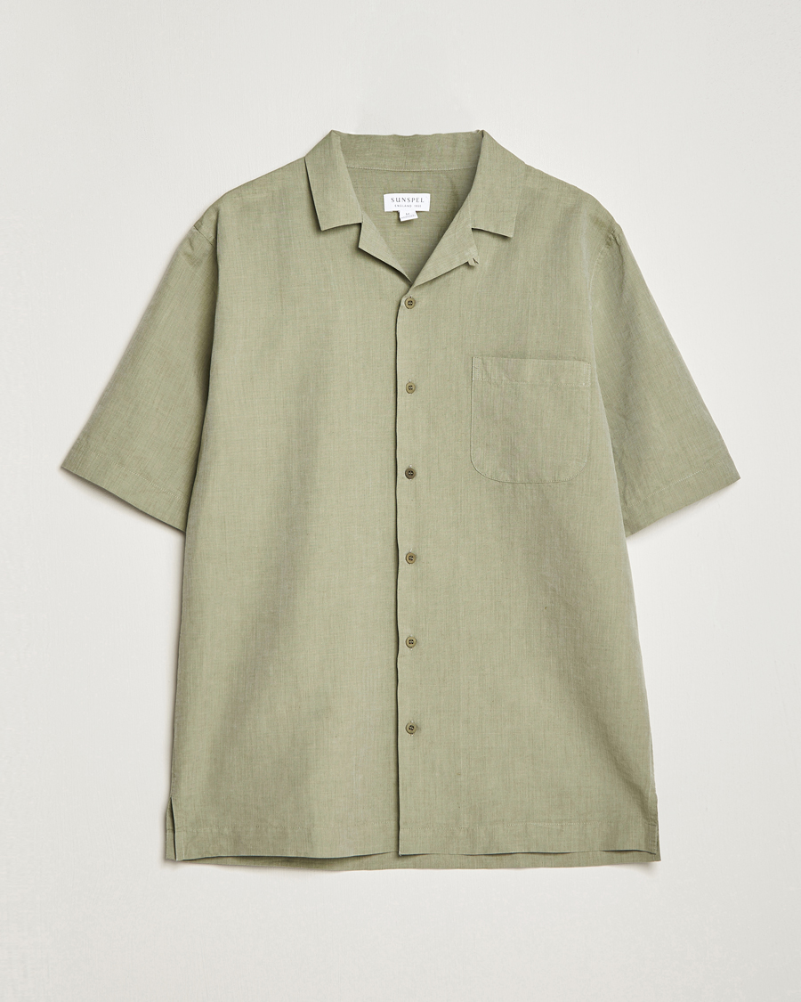 Heren | Overhemden | Sunspel | Lightweight Cotton/Linen Resort Shirt Hunter Green