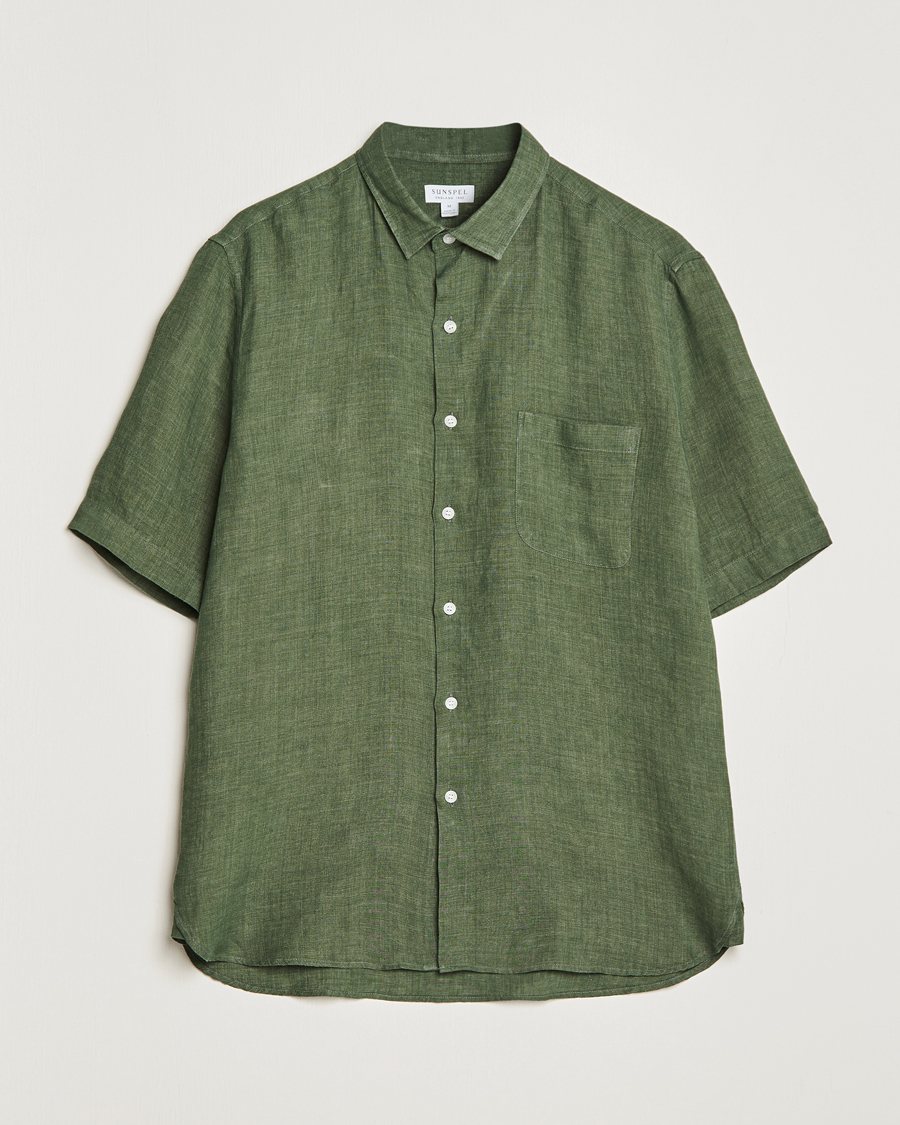 Heren | Overhemden | Sunspel | Short Sleeve Linen Shirt Hunter Green