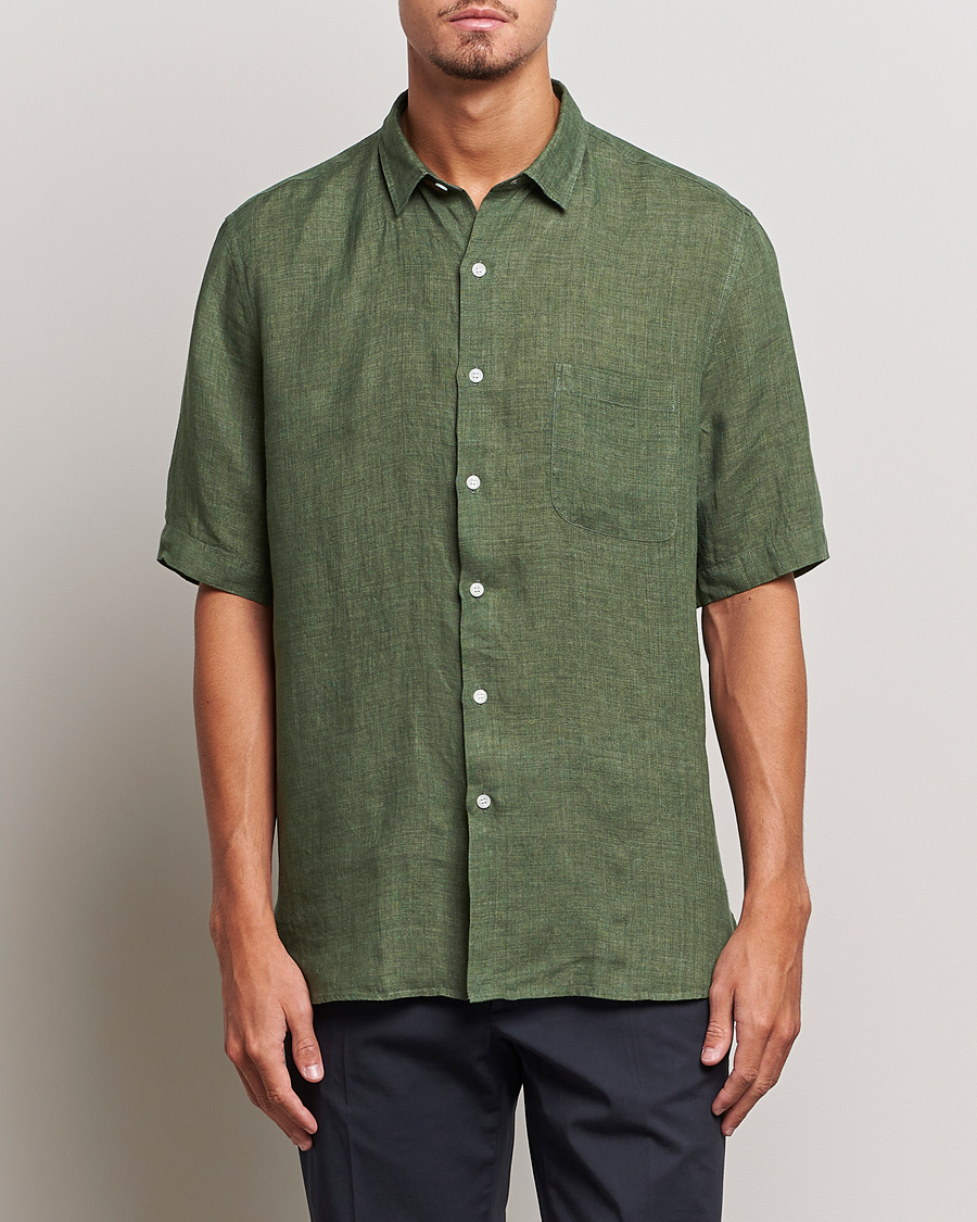 Heren | Overhemden | Sunspel | Short Sleeve Linen Shirt Hunter Green