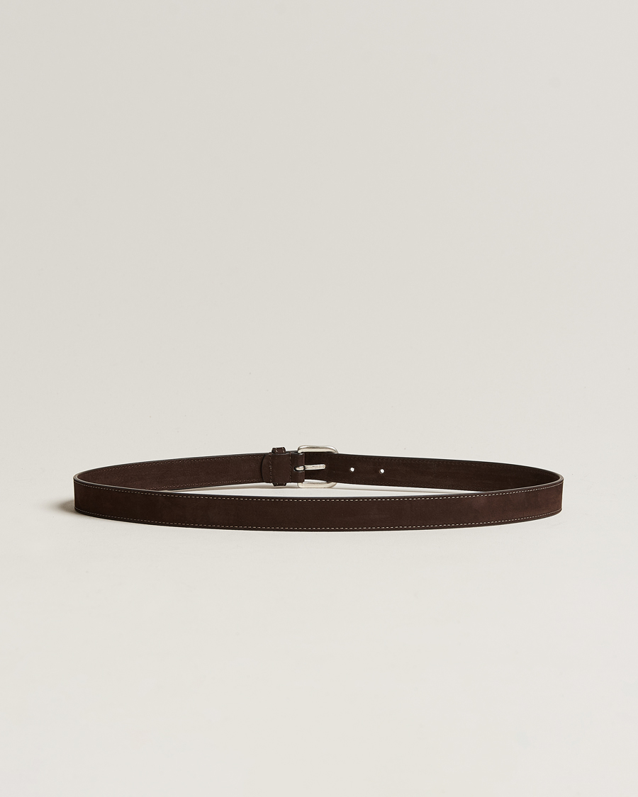 Heren | Riemen | Anderson's | Slim Stitched Nubuck Leather Belt 2,5 cm Dark Brown