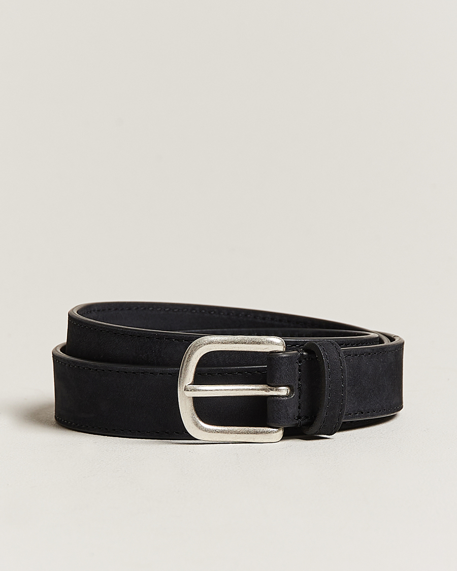 Heren | Riemen | Anderson's | Slim Stitched Nubuck Leather Belt 2,5 cm Black