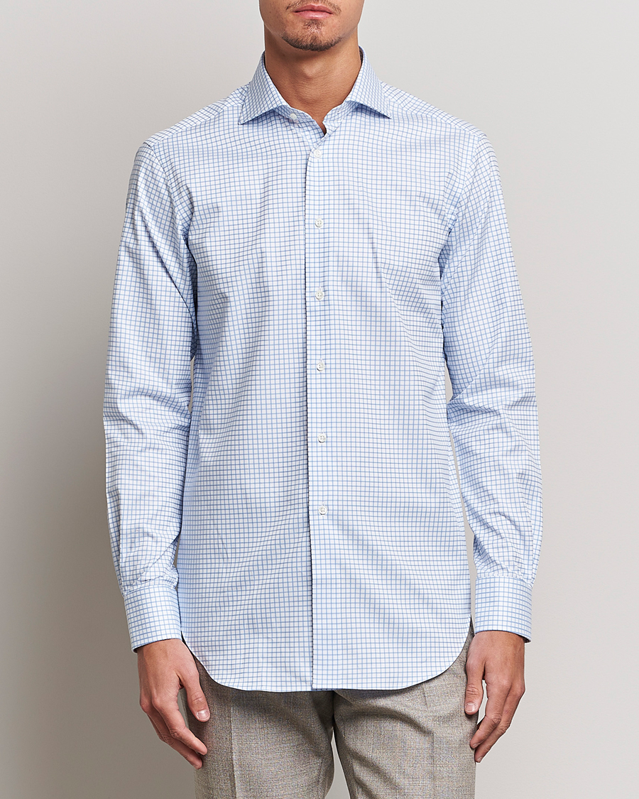 Heren | Kamakura Shirts | Kamakura Shirts | Slim Fit Twill Spread Shirt Sky Blue Check