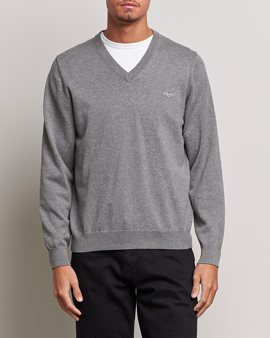 Heren | Truien | Gant | Classic Cotton V-Neck Dark Grey Melange