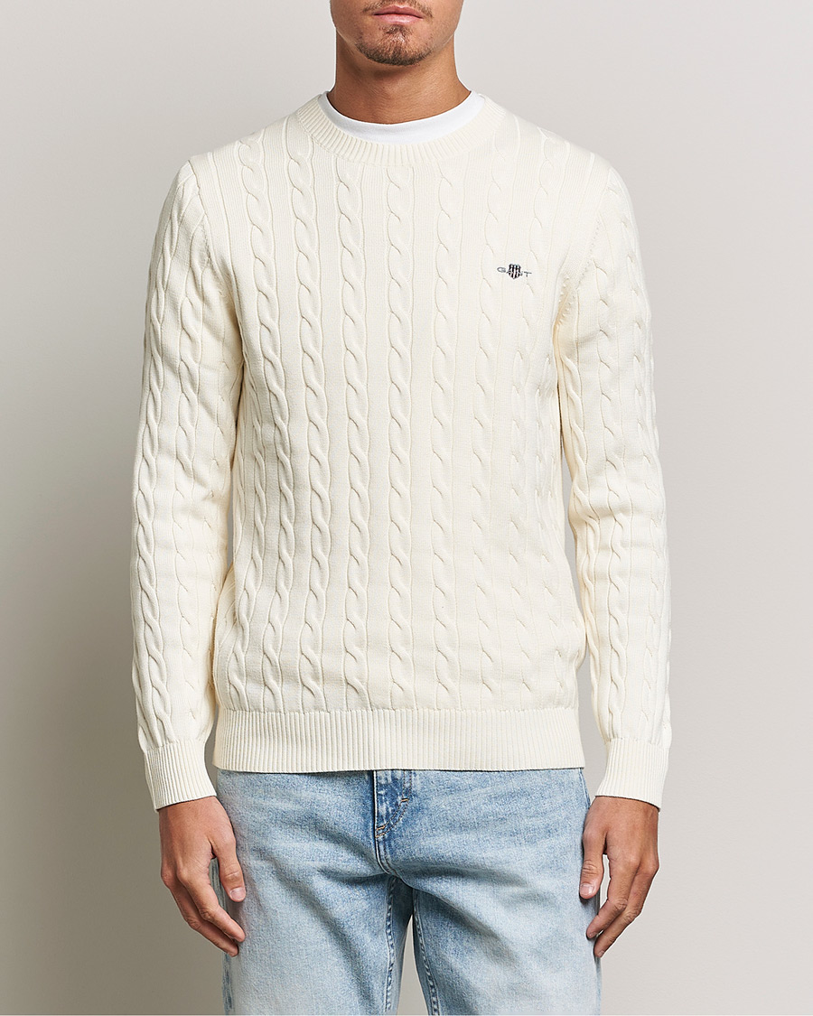 Heren | GANT | GANT | Cotton Cable Crew Neck Pullover Cream