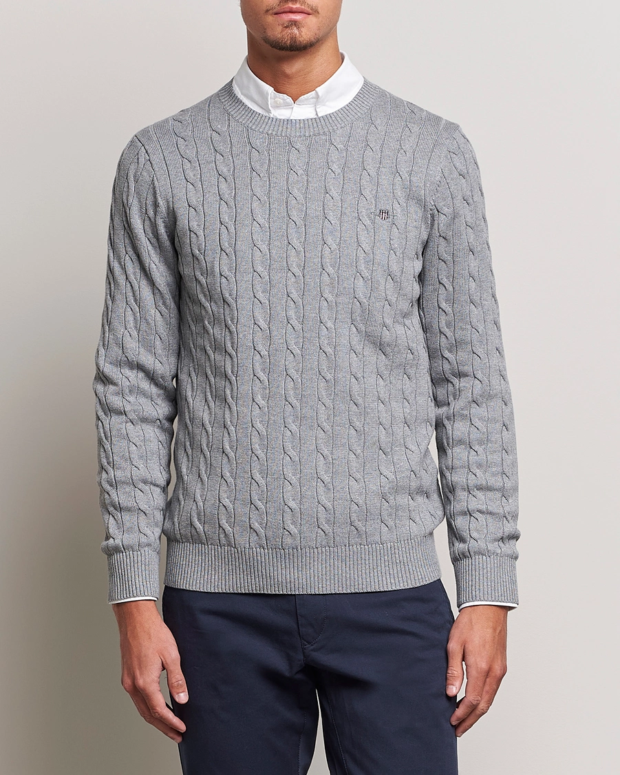 Men | Knitted Jumpers | GANT | Cotton Cable Crew Neck Pullover Grey Melange