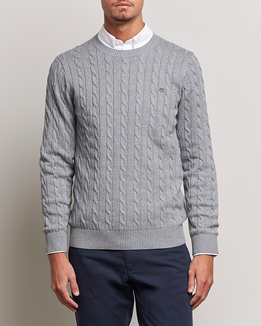 Heren | Truien | GANT | Cotton Cable Crew Neck Pullover Grey Melange