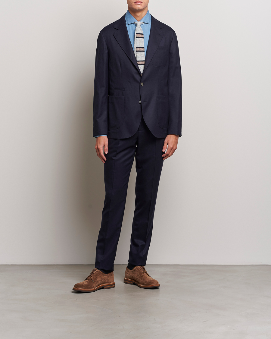 Heren | Broeken | Brunello Cucinelli | Slim Fit Pleated Flannel Trousers Navy