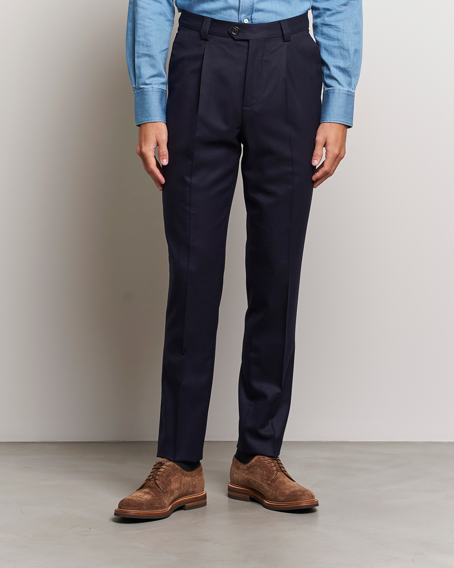 Heren | Broeken | Brunello Cucinelli | Slim Fit Pleated Flannel Trousers Navy
