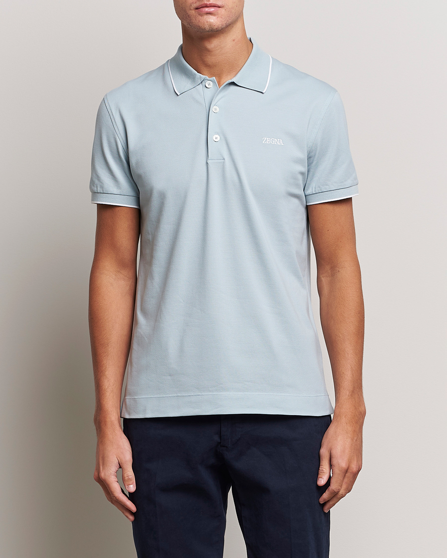 Heren | Polo's | Zegna | Short Sleeve Cotton Piquet Light Blue