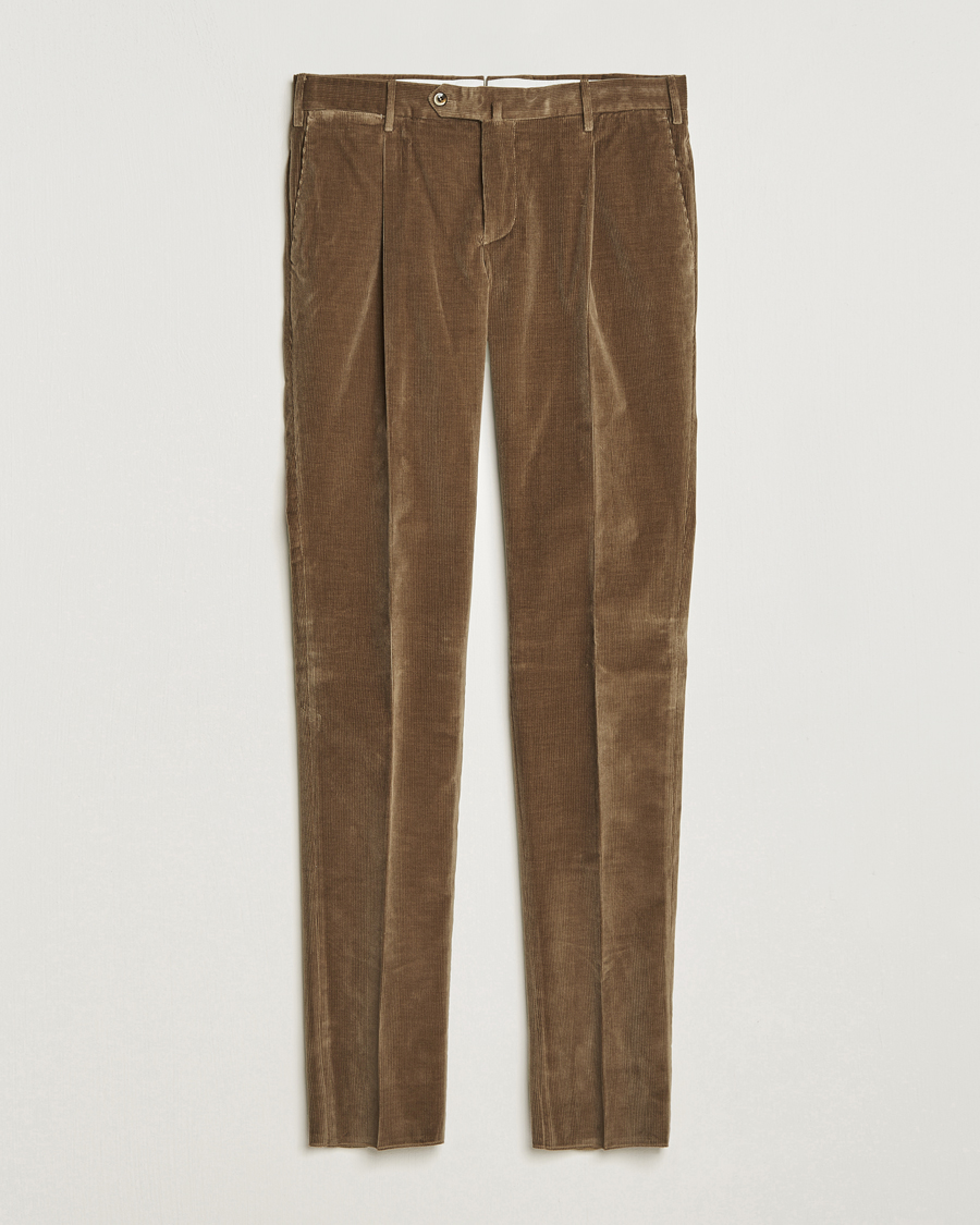 Heren | PT01 | PT01 | Slim Fit Pleated Corduroy Trousers Taupe
