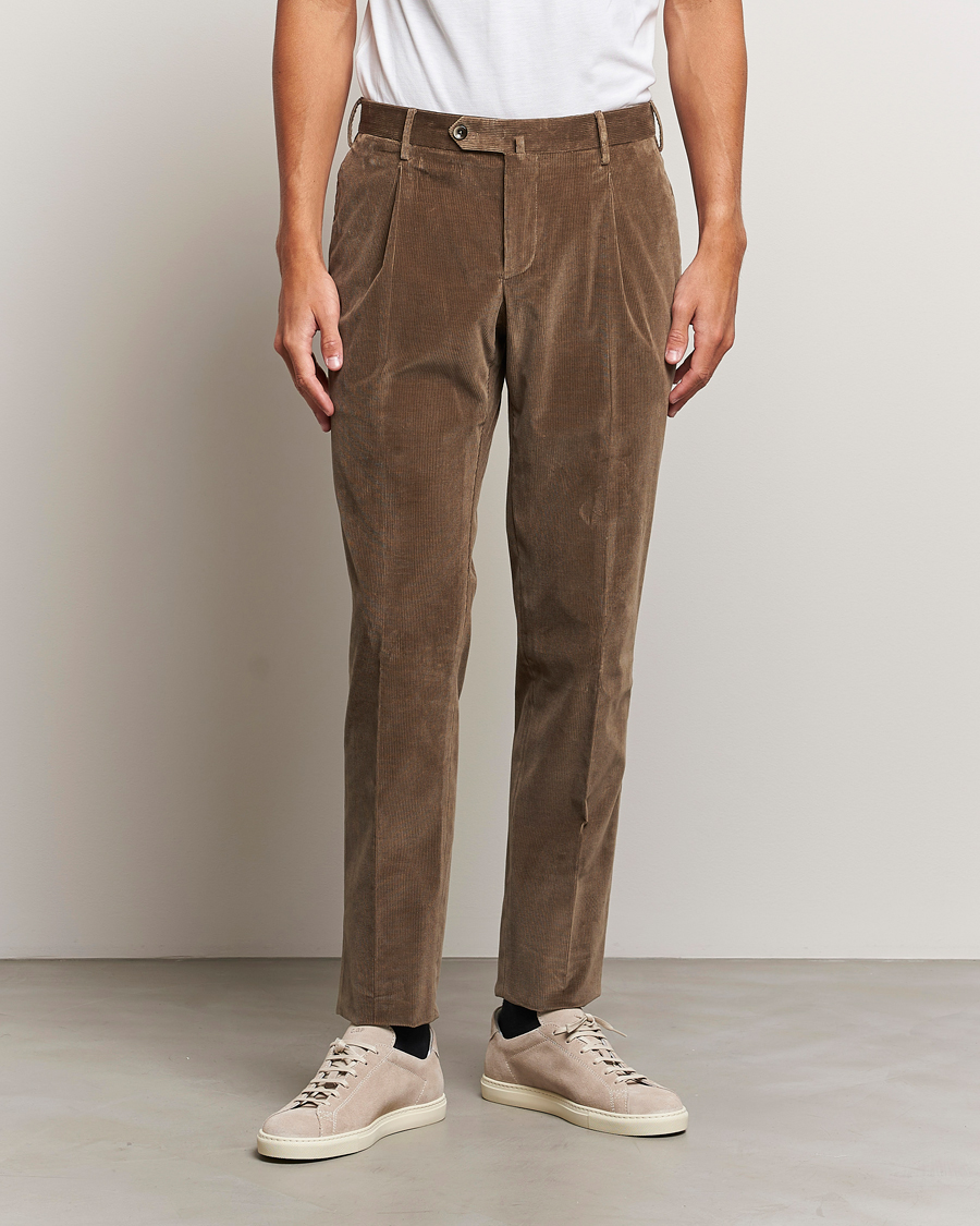 Heren | PT01 | PT01 | Slim Fit Pleated Corduroy Trousers Taupe