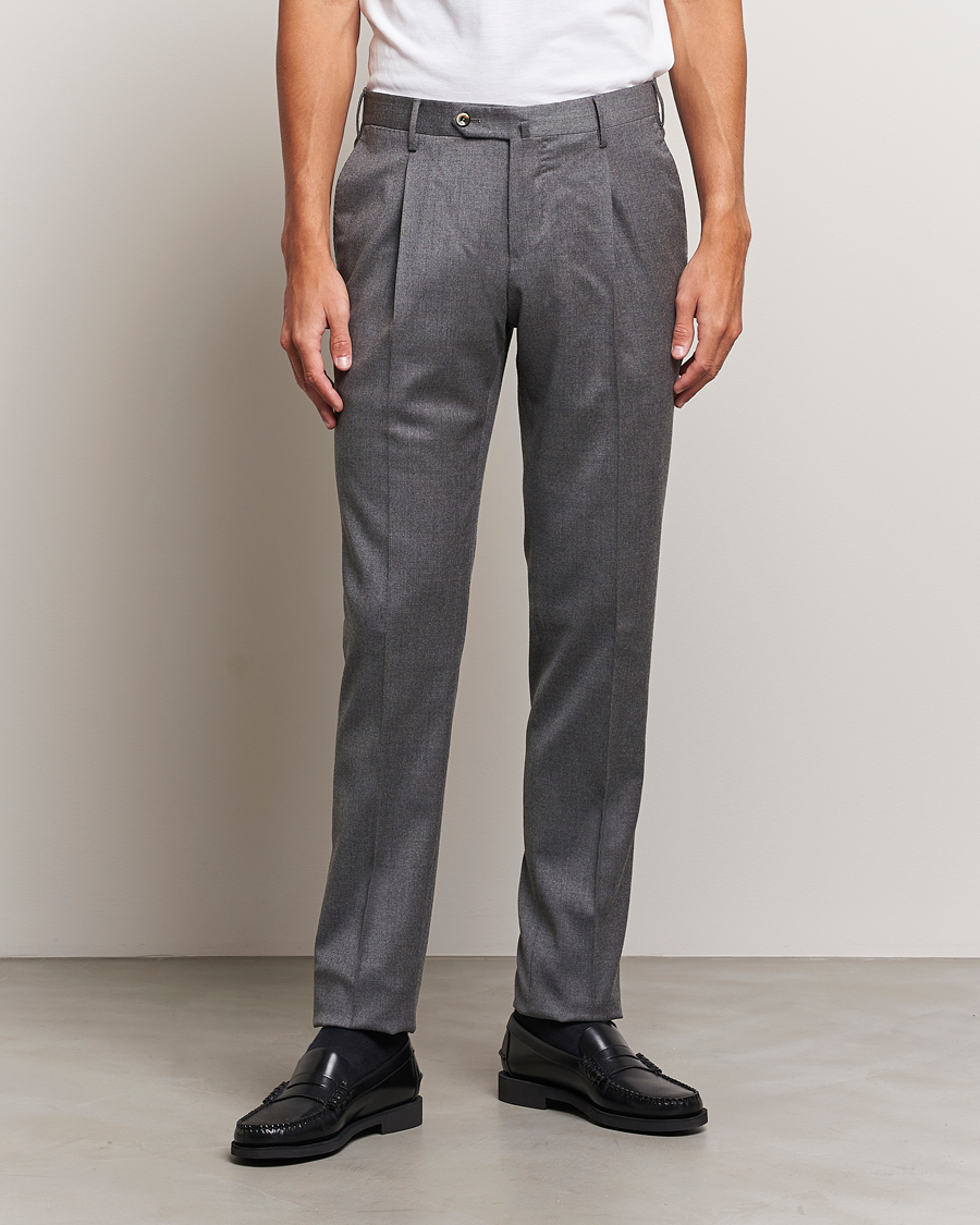 Heren | PT01 | PT01 | Slim Fit Pleated Flannel Trousers Grey Melange
