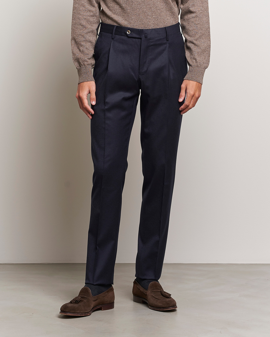 Heren | Broeken | PT01 | Slim Fit Pleated Flannel Trousers Navy