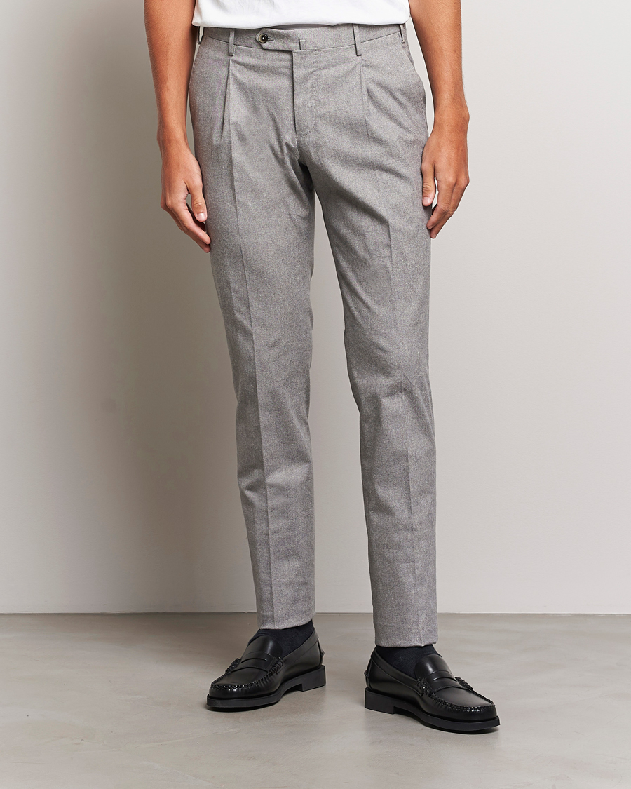 Heren | PT01 | PT01 | Slim Fit Pleated Cotton Flannel Trousers Light Grey