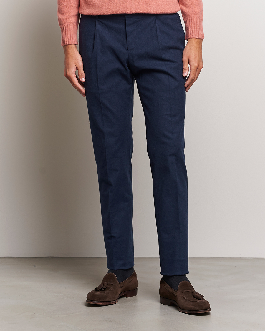 Heren | PT01 | PT01 | Slim Fit Pleated Cotton Flannel Trousers Navy