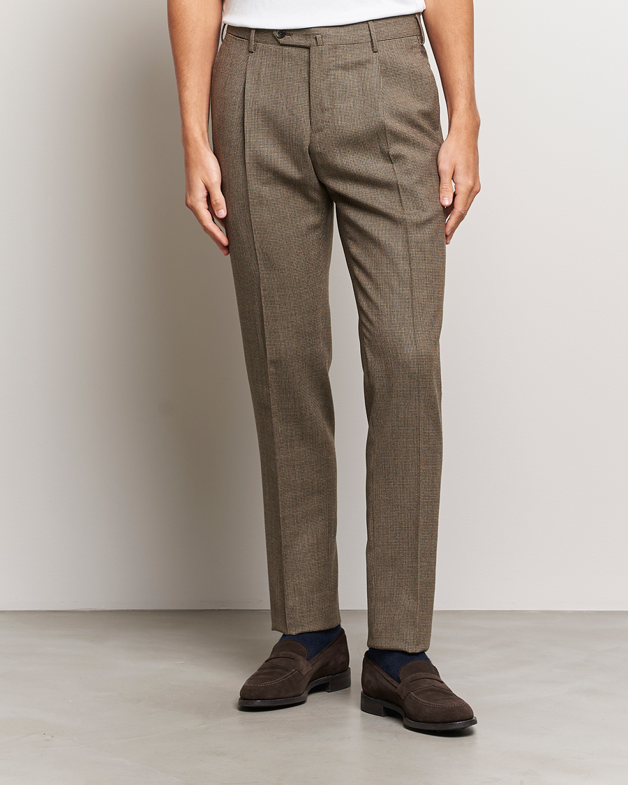 Heren | PT01 | PT01 | Slim Fit Pleated Houndstooth Trousers Light Brown