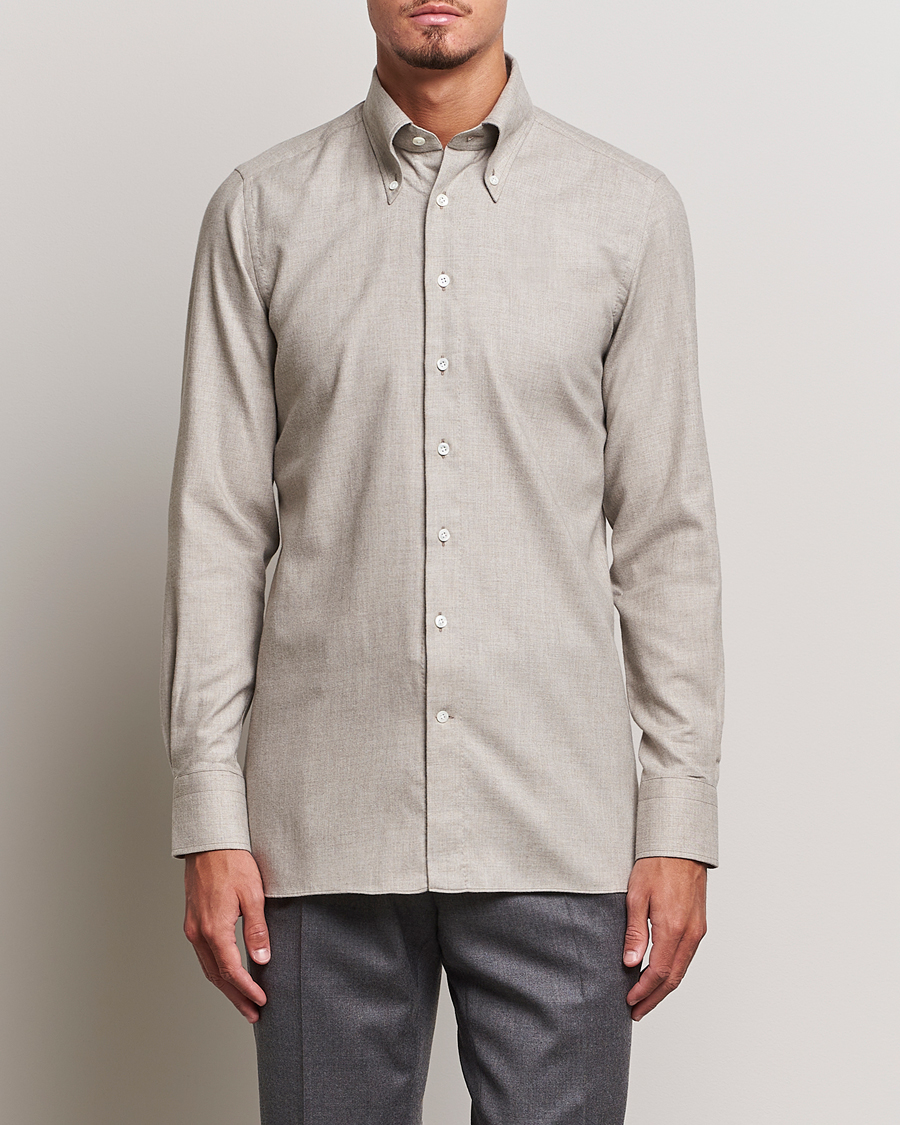 Heren | Business casual | 100Hands | Cotton/Cashmere Button Down Flannel Shirt Taupe