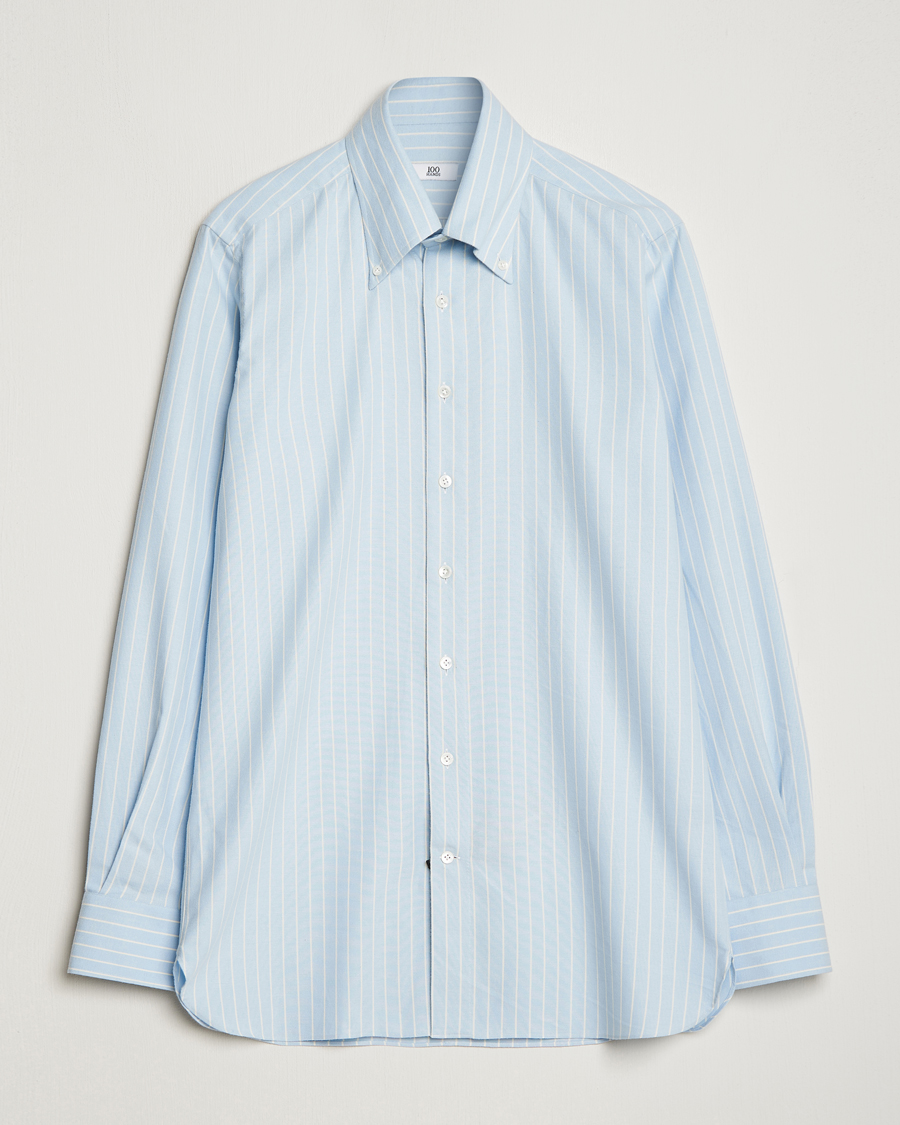 Heren | Overhemden | 100Hands | Striped Cotton Flannel Shirt Light Blue