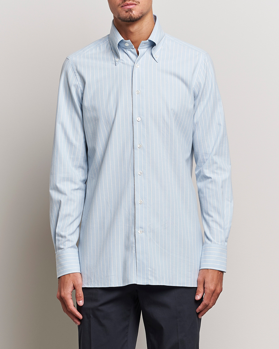 Heren | Overhemden | 100Hands | Striped Cotton Flannel Shirt Light Blue