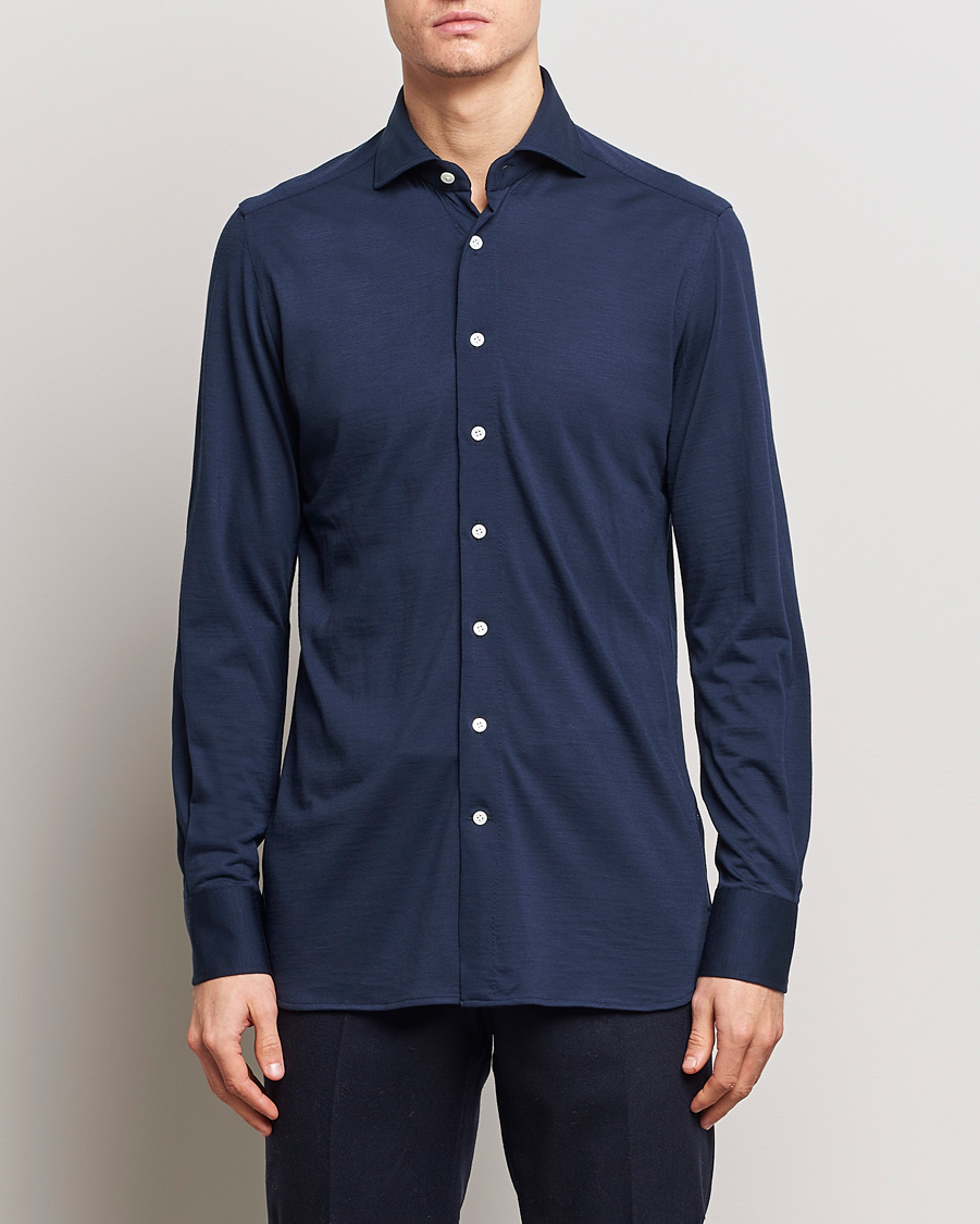 Heren | Overhemden | 100Hands | Wool Cut Away Shirt Navy Blue